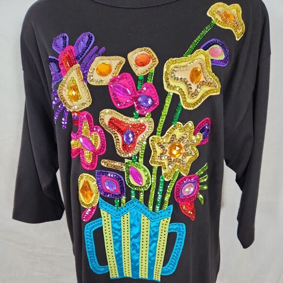 Vtg Victoria Harbour Medium Sequin Embellished Black 3/4 Sleeve Floral Shirt Top - Picture 3 of 11